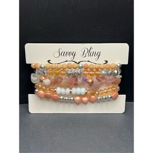 New! Savvy Bling Pink Tan Silver Mixed Stretchy Fashion Bracelets 5 Piece Set